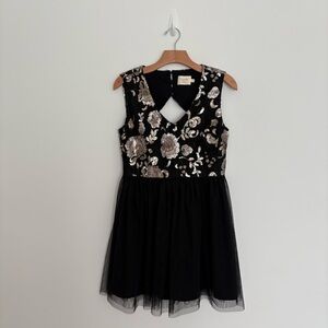 Vintage Inspired Black Gold Floral Sequin Holiday A line Dress Tulle Skirt